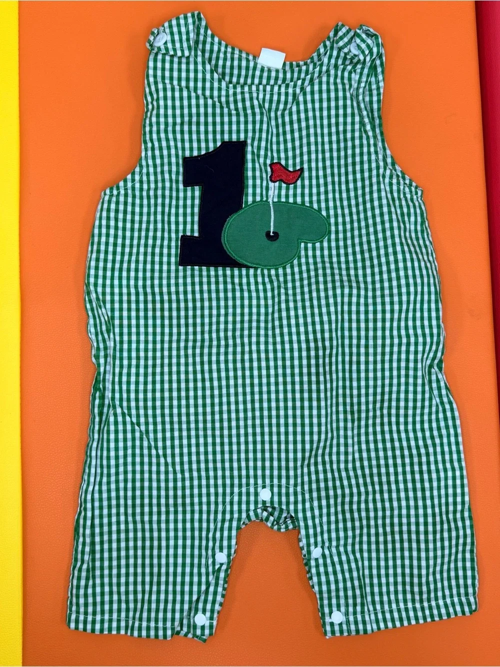 Golf #1 Appliqué Baby Green Gingham Romper Size 12-18 Months